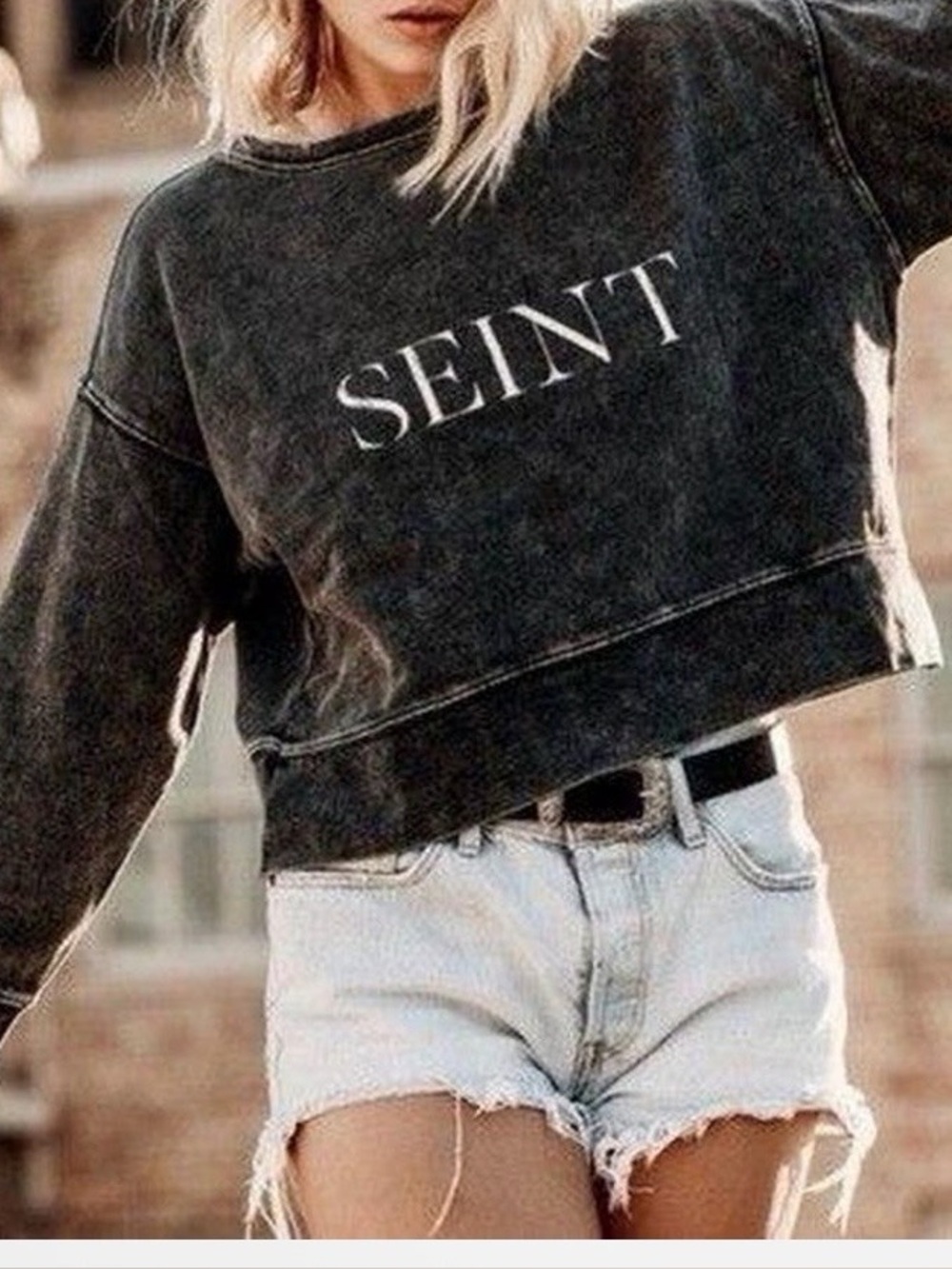 Washed Black Cropped Sweatshirt - Women's Relaxed Pullover